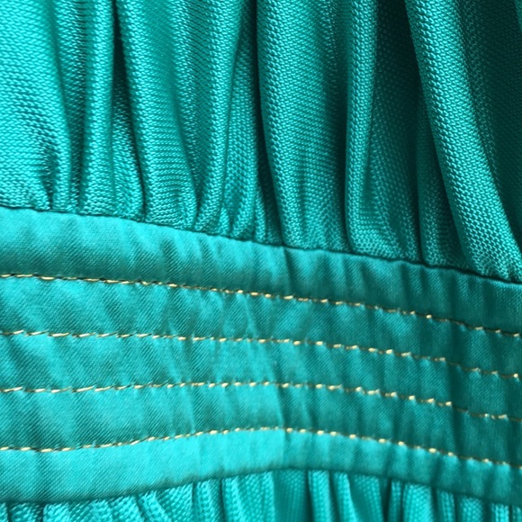 Satin and silk teal Grecian gown with gold accents - Picture 3 of 6